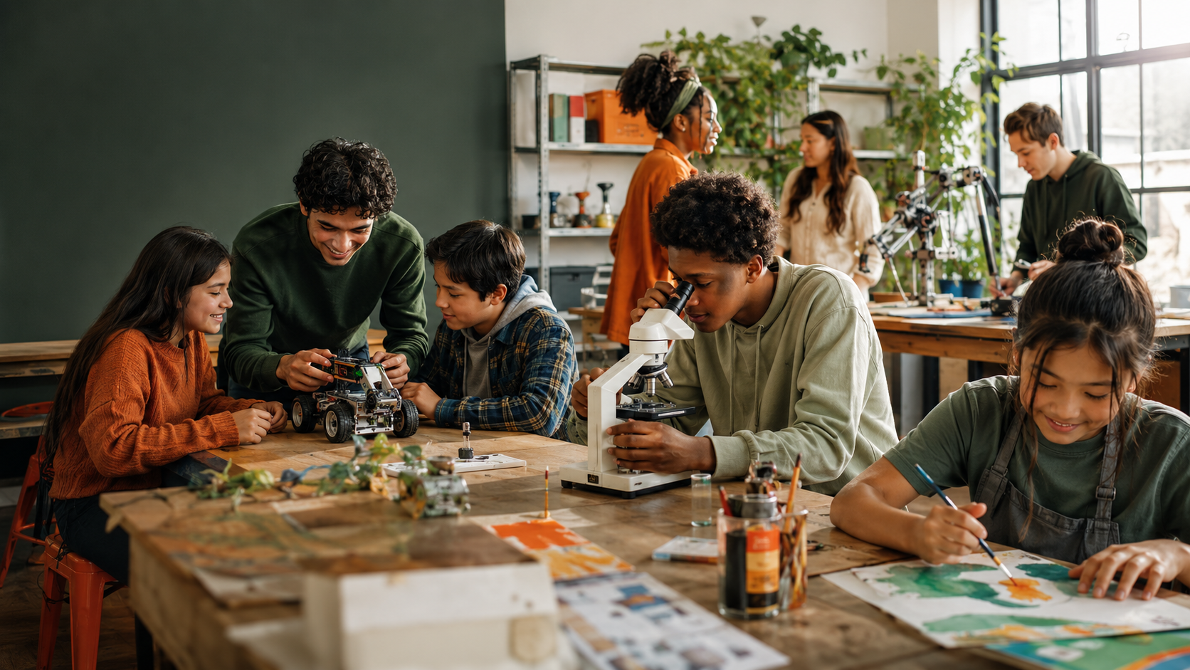 Students collaborating on painting, microscopy, and robotics in a community learning studio